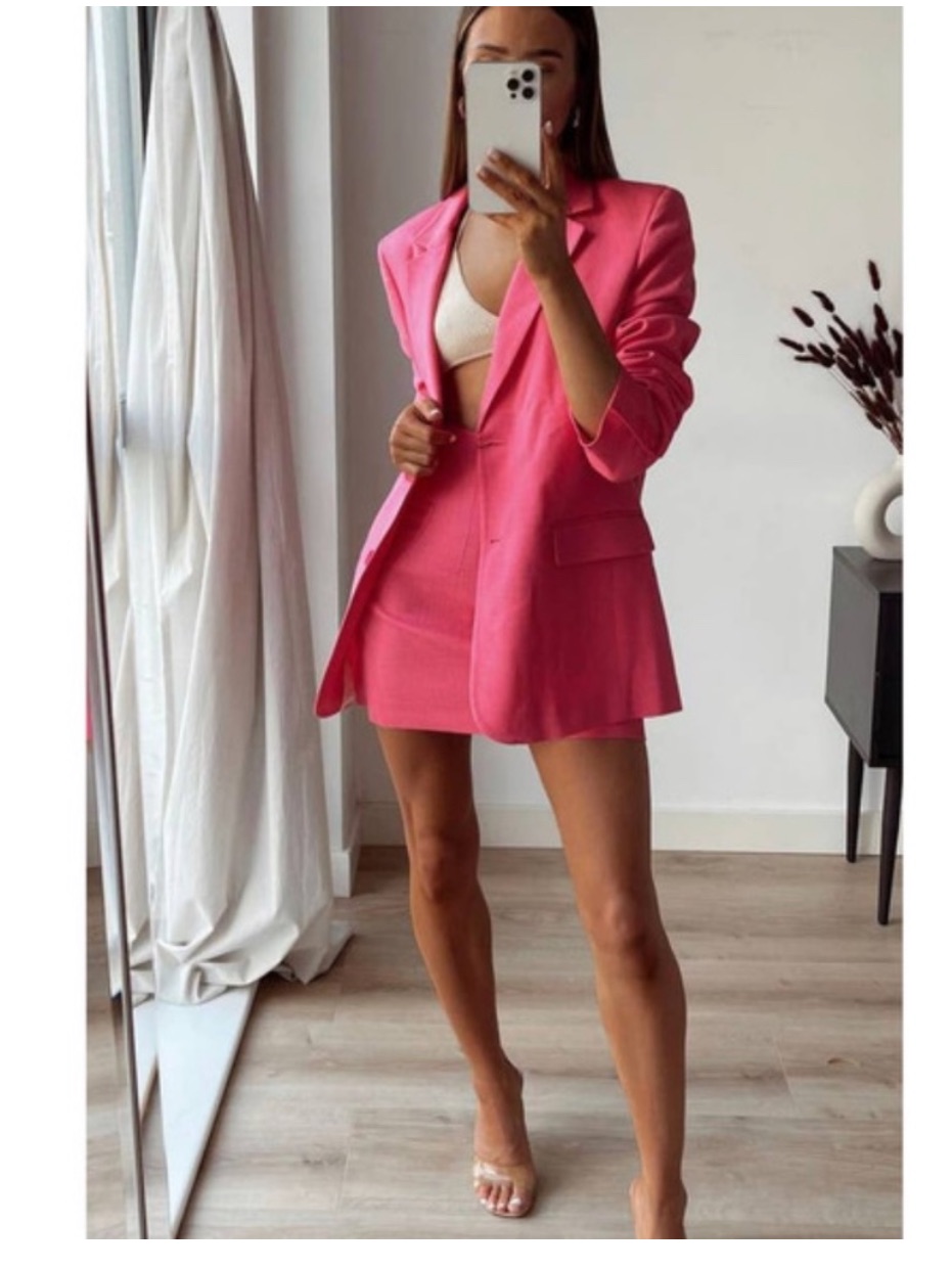 Zara Pink Linen Blazer With Matching Mini Skirt